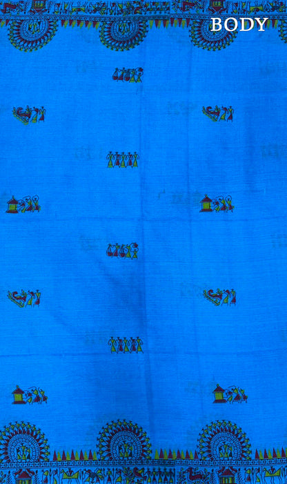 Blue color Madhubaani Printed Cotton saree