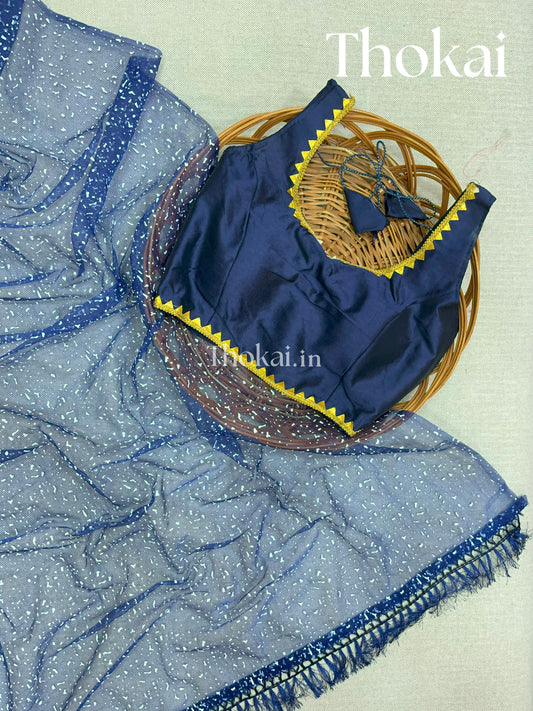 Ink blue Organza plain designer saree