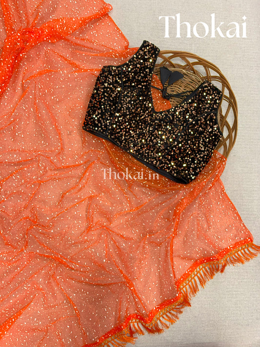 Orange Organza plain designer saree