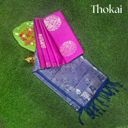 Pink with Royal blue Kanchipuram semi soft silk saree