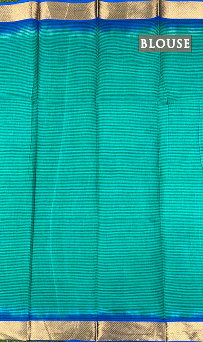 Turquoise and blue printed cotton saree