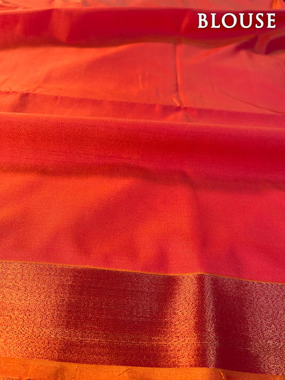 Dual color of mustard yellow and red kanchipuram semi soft silk saree