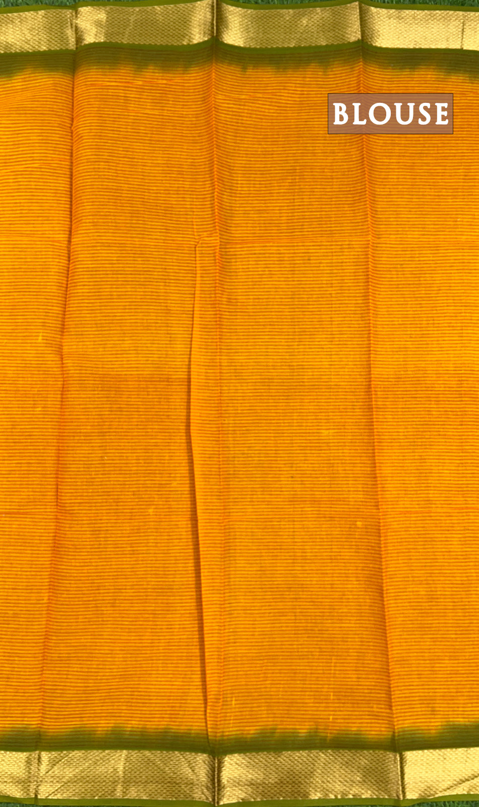 Mustard yellow and green printed cotton saree