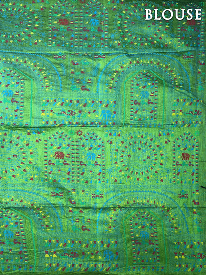 Blue and green madhubaani printed silk cotton saree