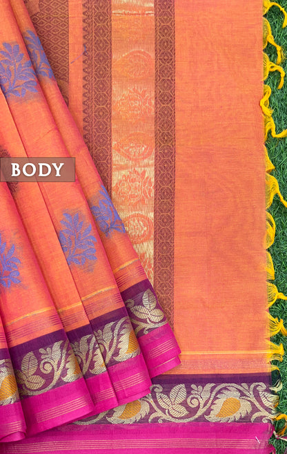 Peach and brown pure rich cotton saree