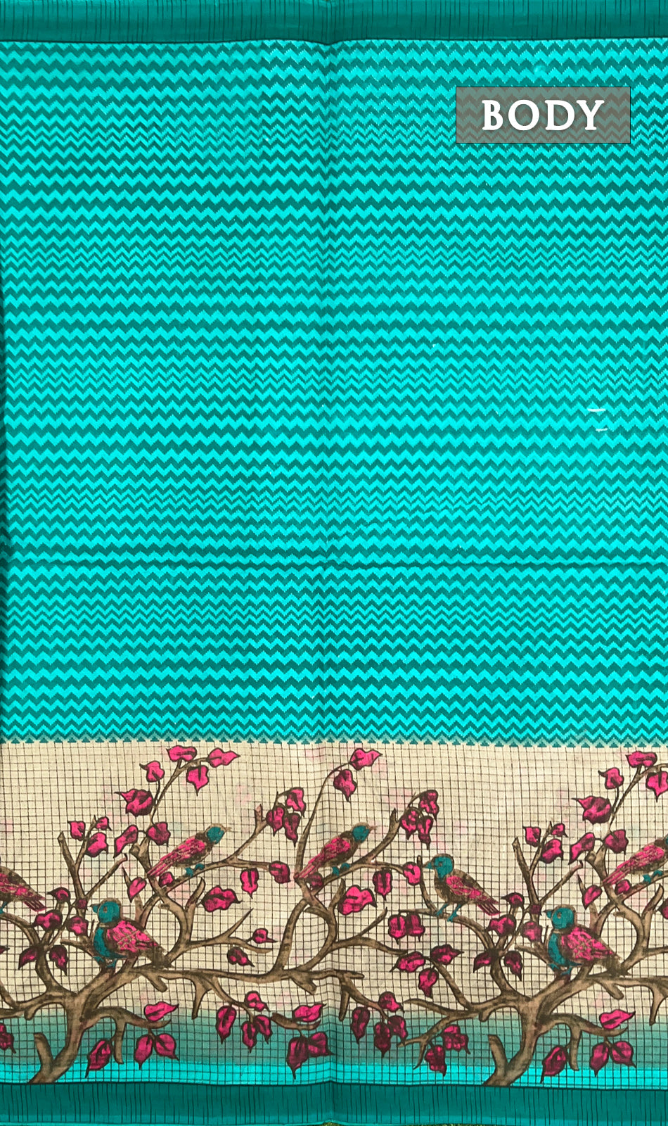 Turquoise printed cotton saree