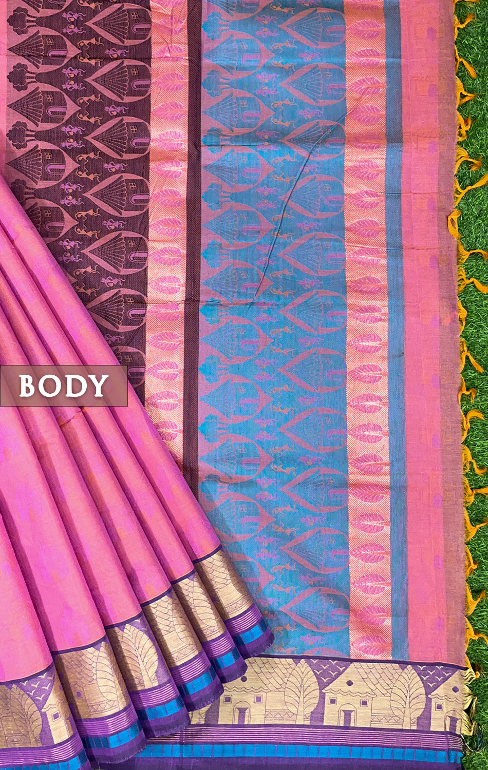 Pink and blue pure rich cotton saree
