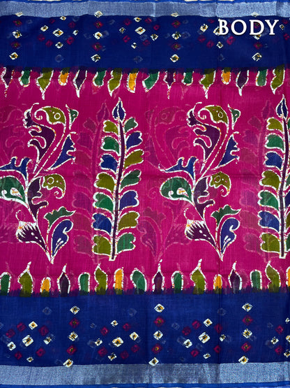 Blue and pink linen batik saree