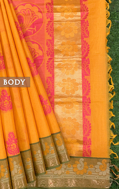 Yellow & pink pure rich cotton saree