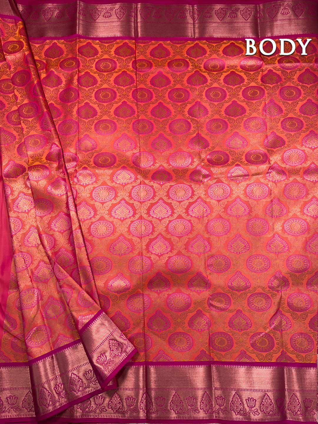 Dual color of orange kanchipuram korvai silk saree