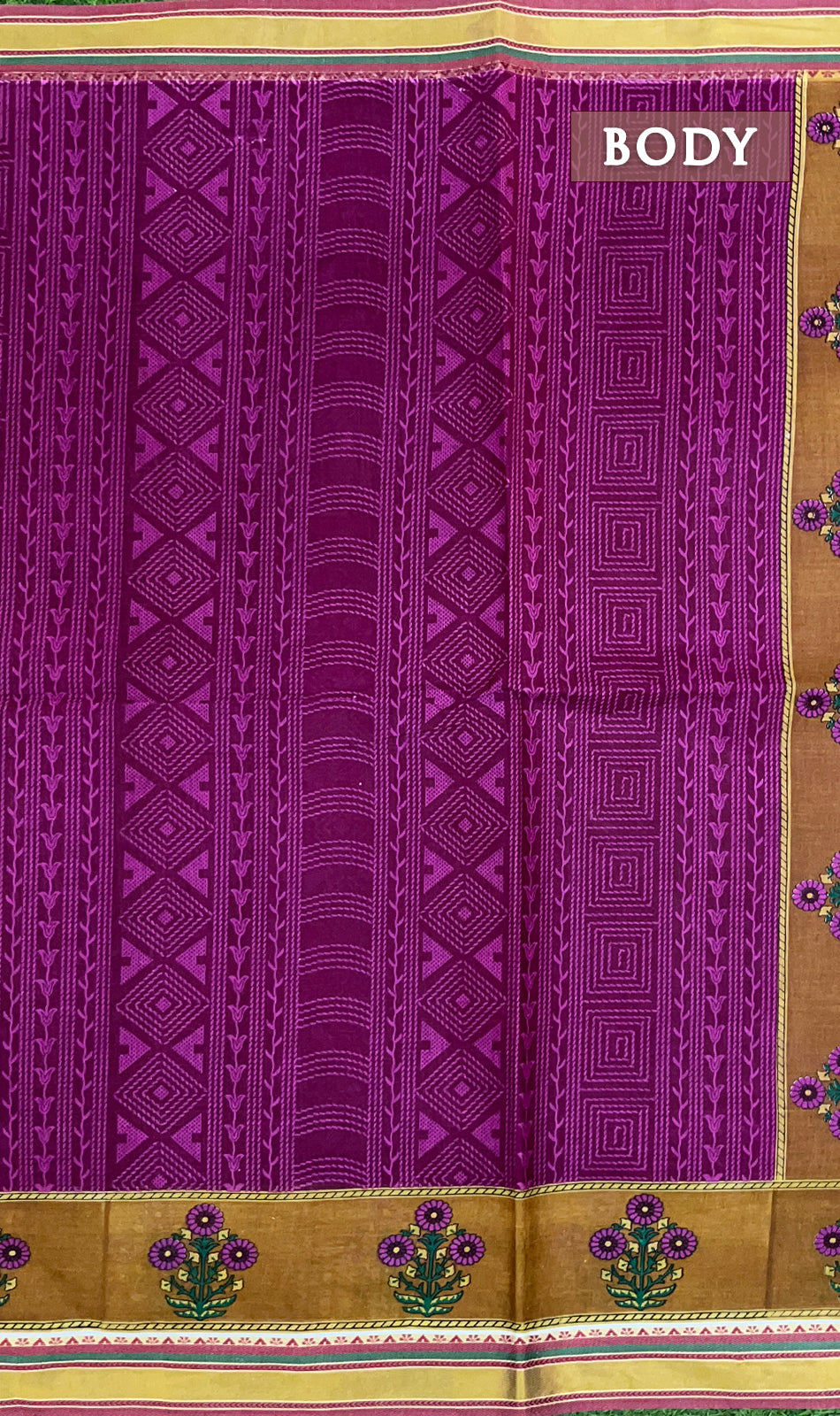 Pink and mustard yellow printed cotton saree