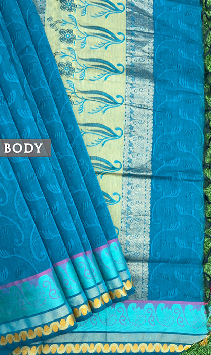 Peacock blue pure rich cotton saree