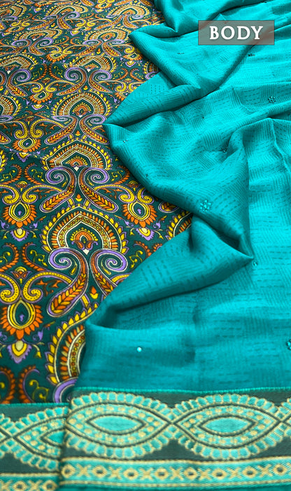 Turquoise and green georgette saree