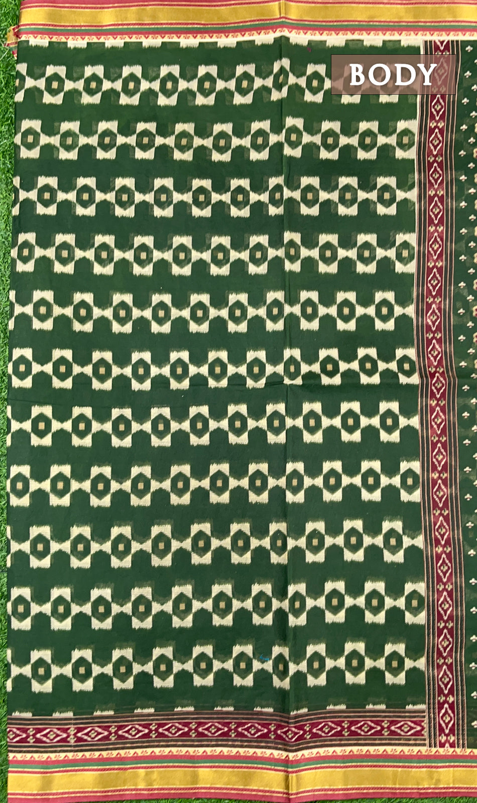 Dark green and maroon printed cotton saree