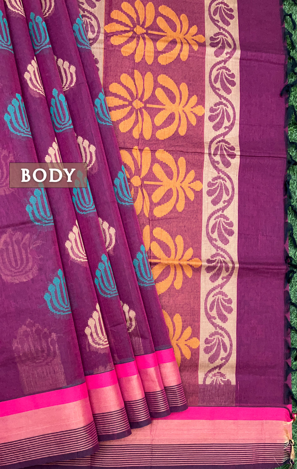 Beet red and gold pure rich cotton saree