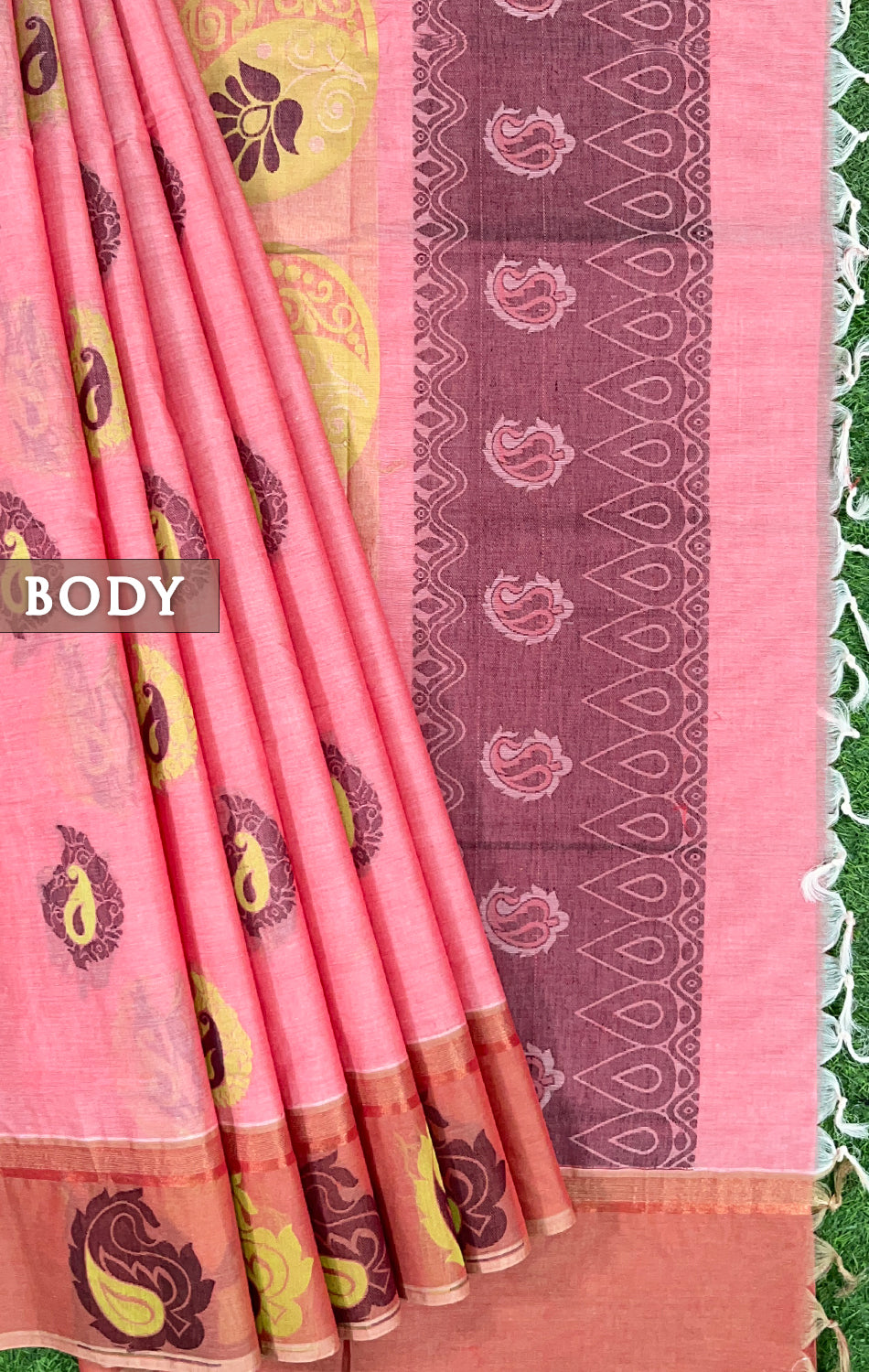 Pink & brown pure rich cotton saree