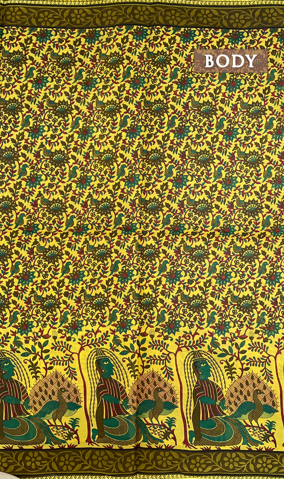 Yellow and green printed cotton saree