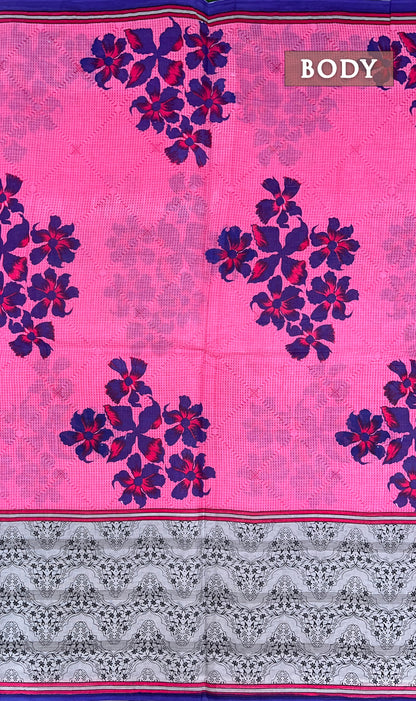 Pink and blue printed cotton saree