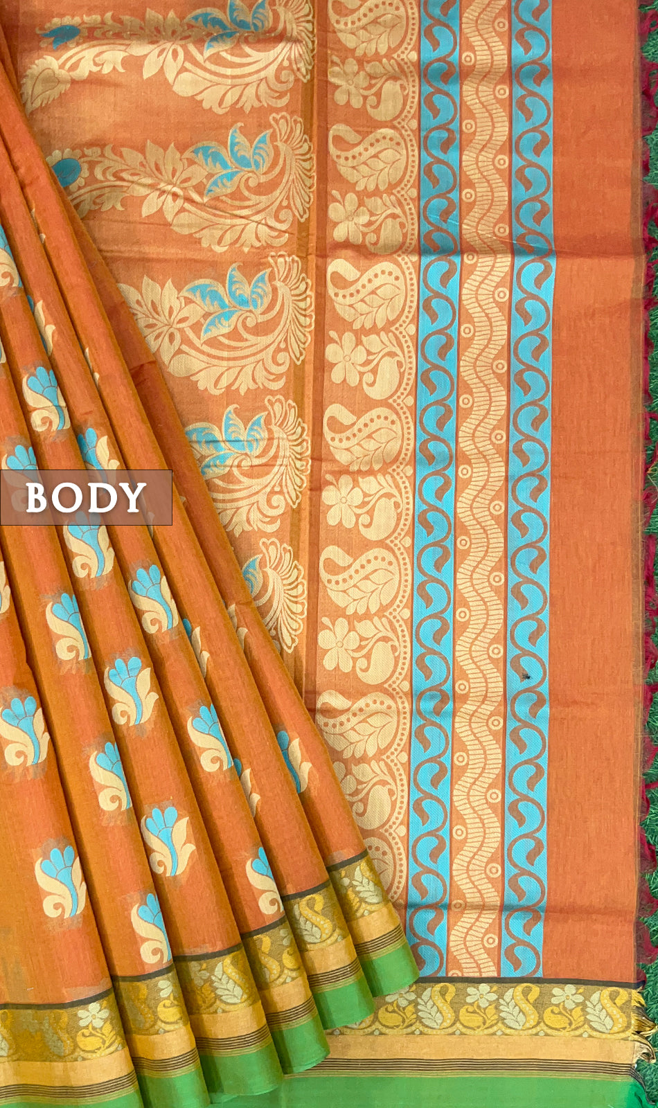 Orange pure rich cotton saree