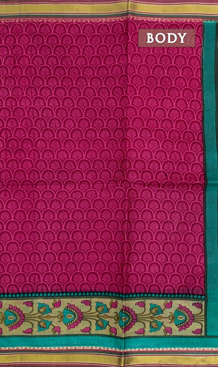 Pink and green printed cotton saree with gadwal border