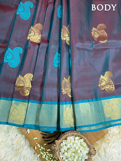 Dual color of maroon and turquoise kanchipuram pure soft silk saree