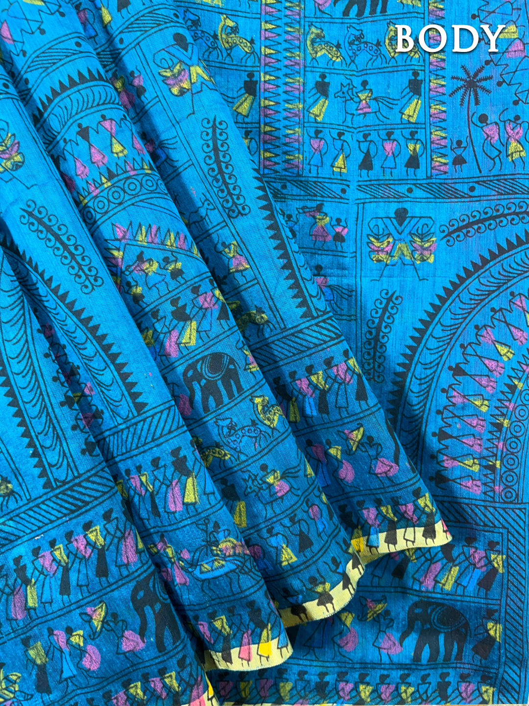 Blue and pink madhubaani printed silk cotton saree