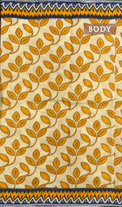 Cream and mustard yellow printed cotton saree