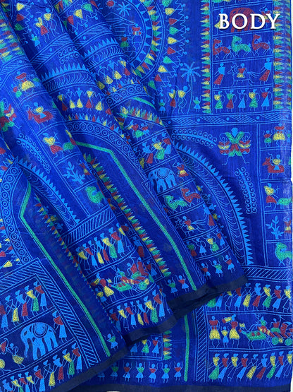 Blue and green madhubaani printed silk cotton saree