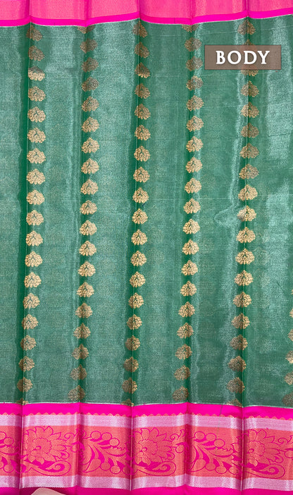 Green and pink tissue semi silk saree