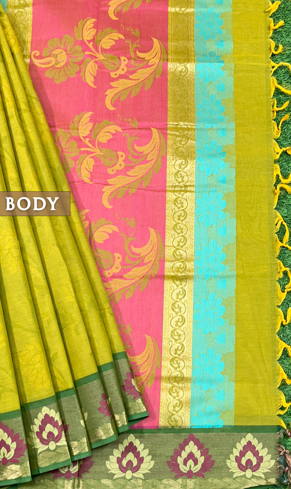 Pear green and light yellow pure rich cotton saree