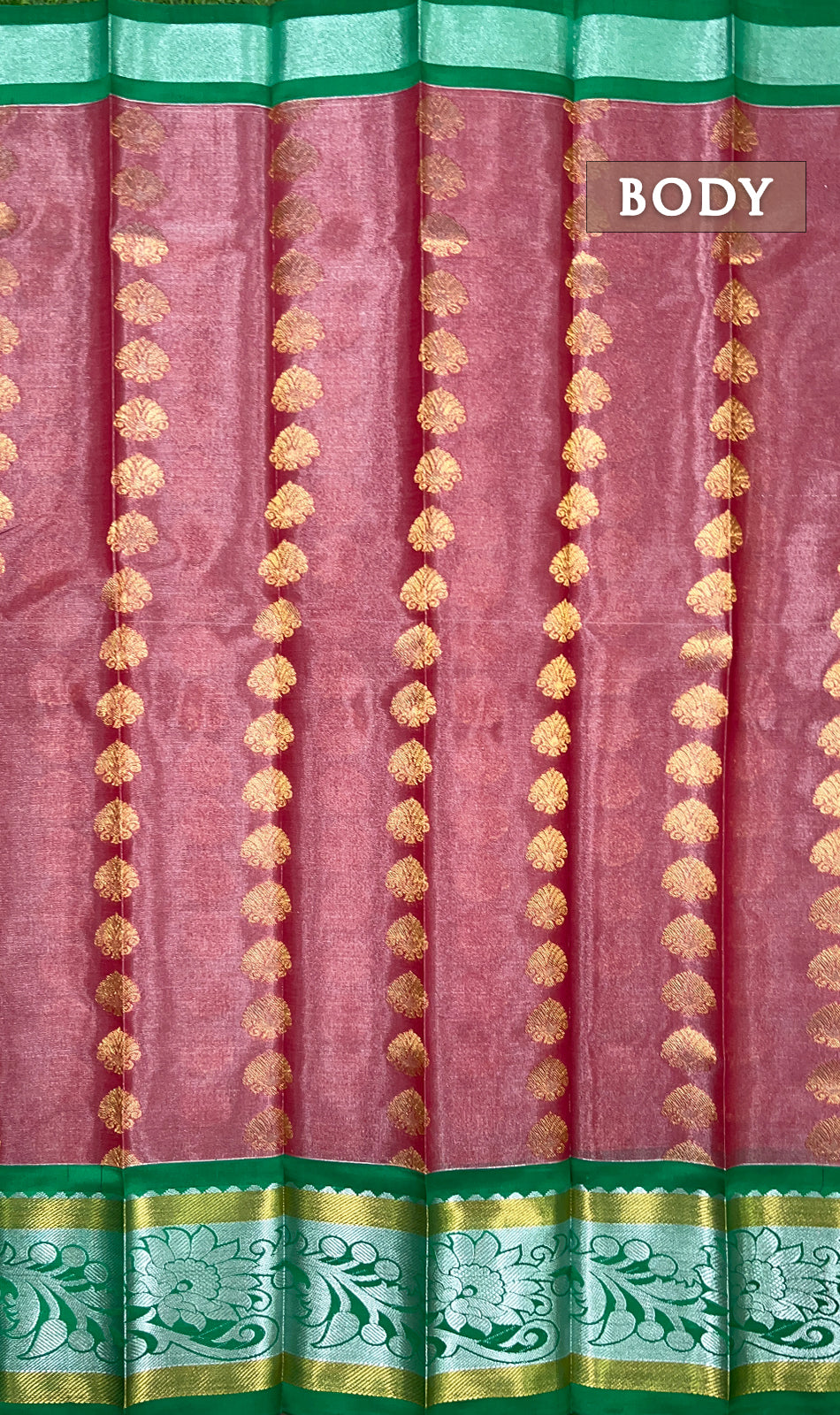 Red and green tissue semi silk saree