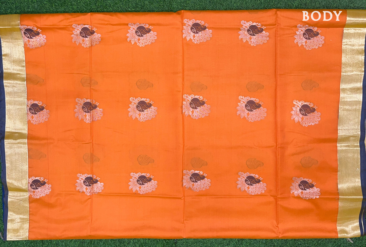 Orange with Ink Blue Kanchipuram semi soft silk saree