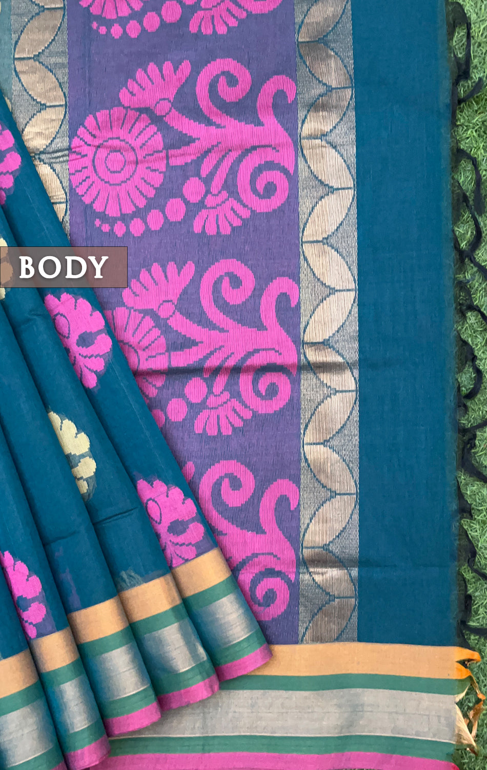 Blue and pink pure rich cotton saree