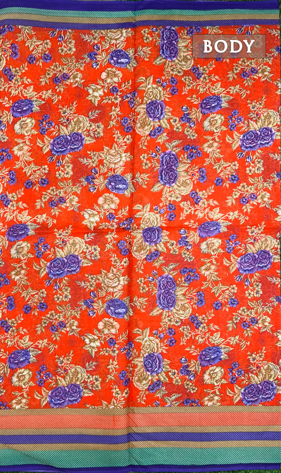 Orange and blue printed cotton saree