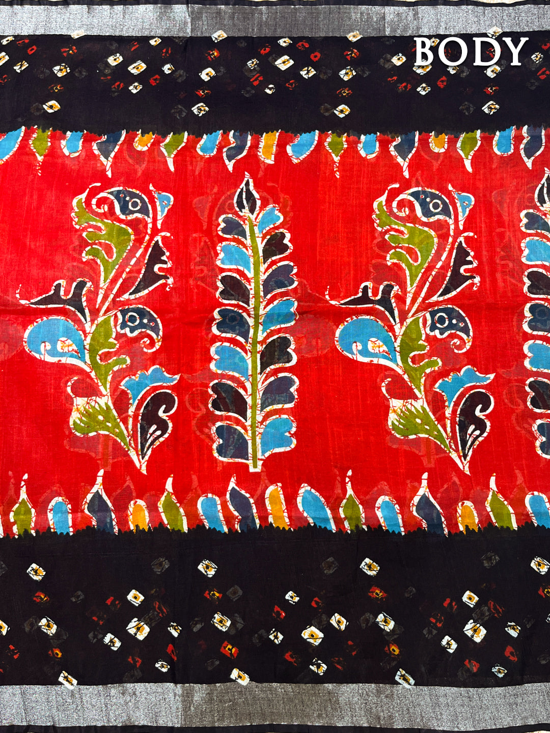 Black and red linen batik saree