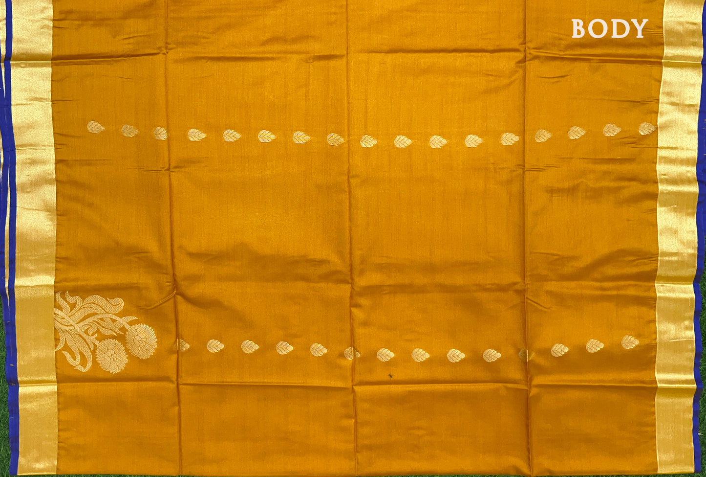 Mustard Yellow with Royal Blue Kanchipuram semi soft silk saree