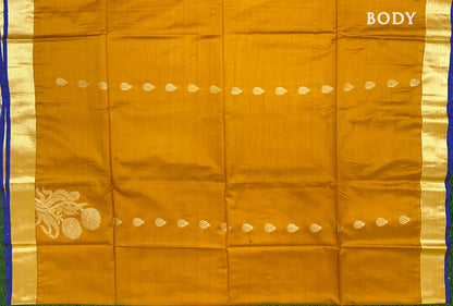 Mustard Yellow with Royal Blue Kanchipuram semi soft silk saree