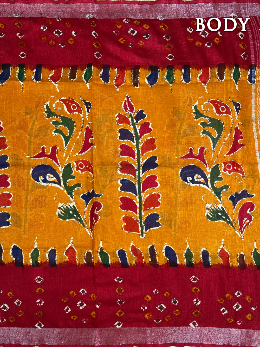 Red and yellow linen batik saree