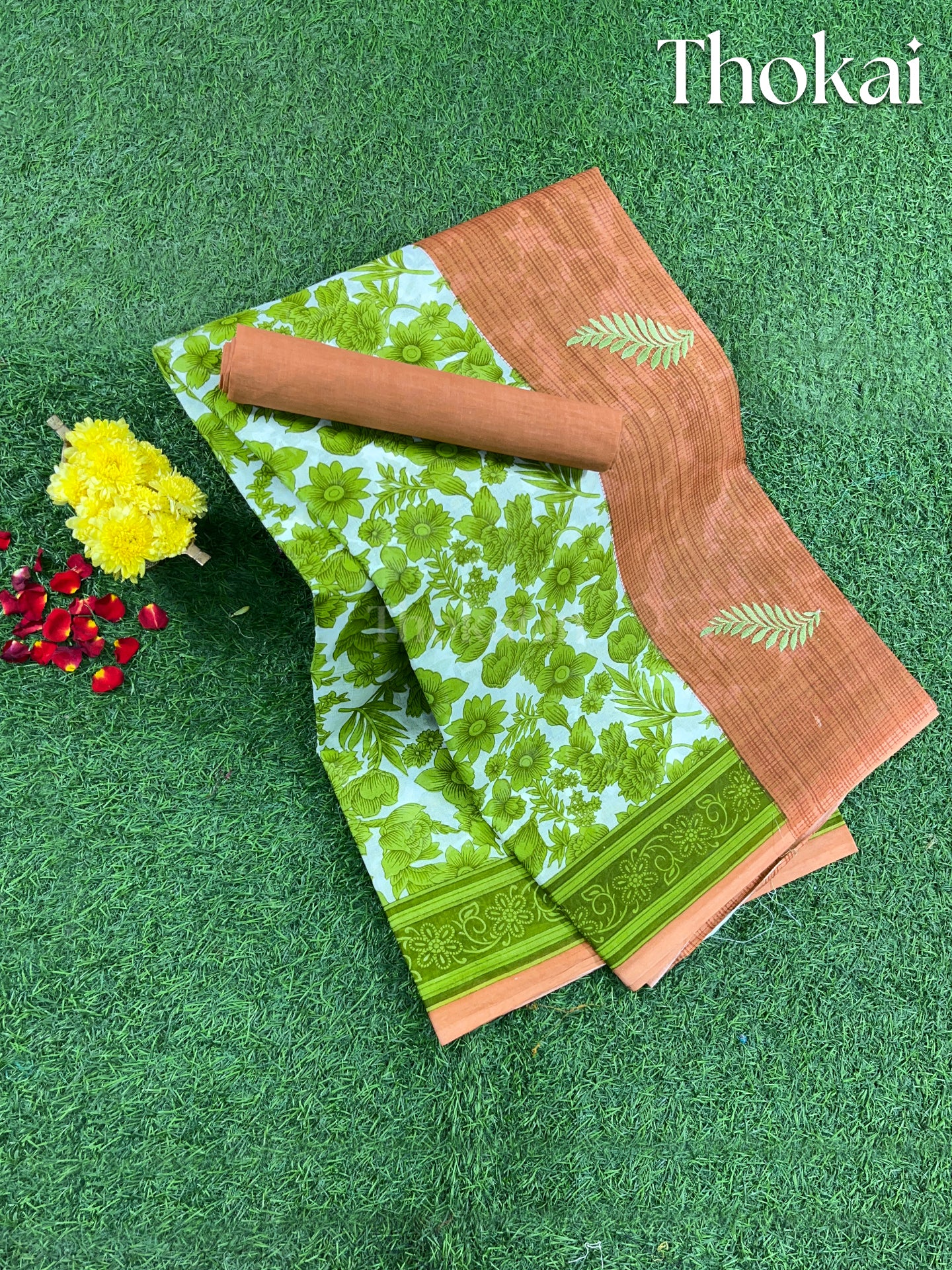 Green and mustard yellow embroidered cotton saree