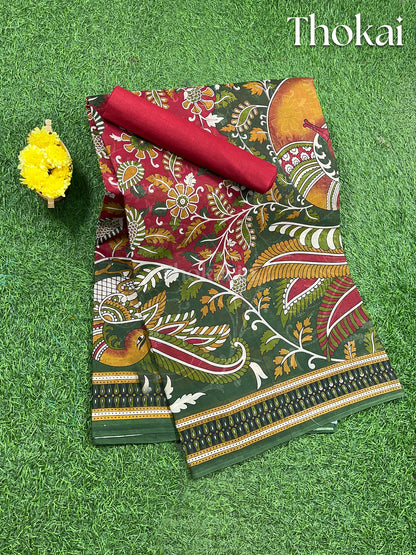 Green and maroon printed cotton saree