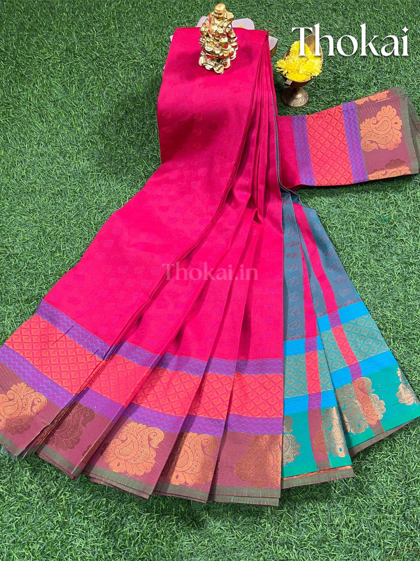 Dark pink and blue semi silk saree