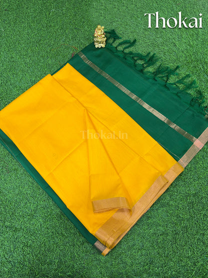 Yellow and green magizham semi linen silk saree