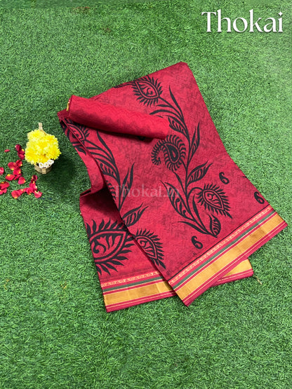 Red and black printed cotton saree