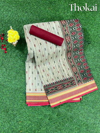 Gray and maroon printed cotton saree