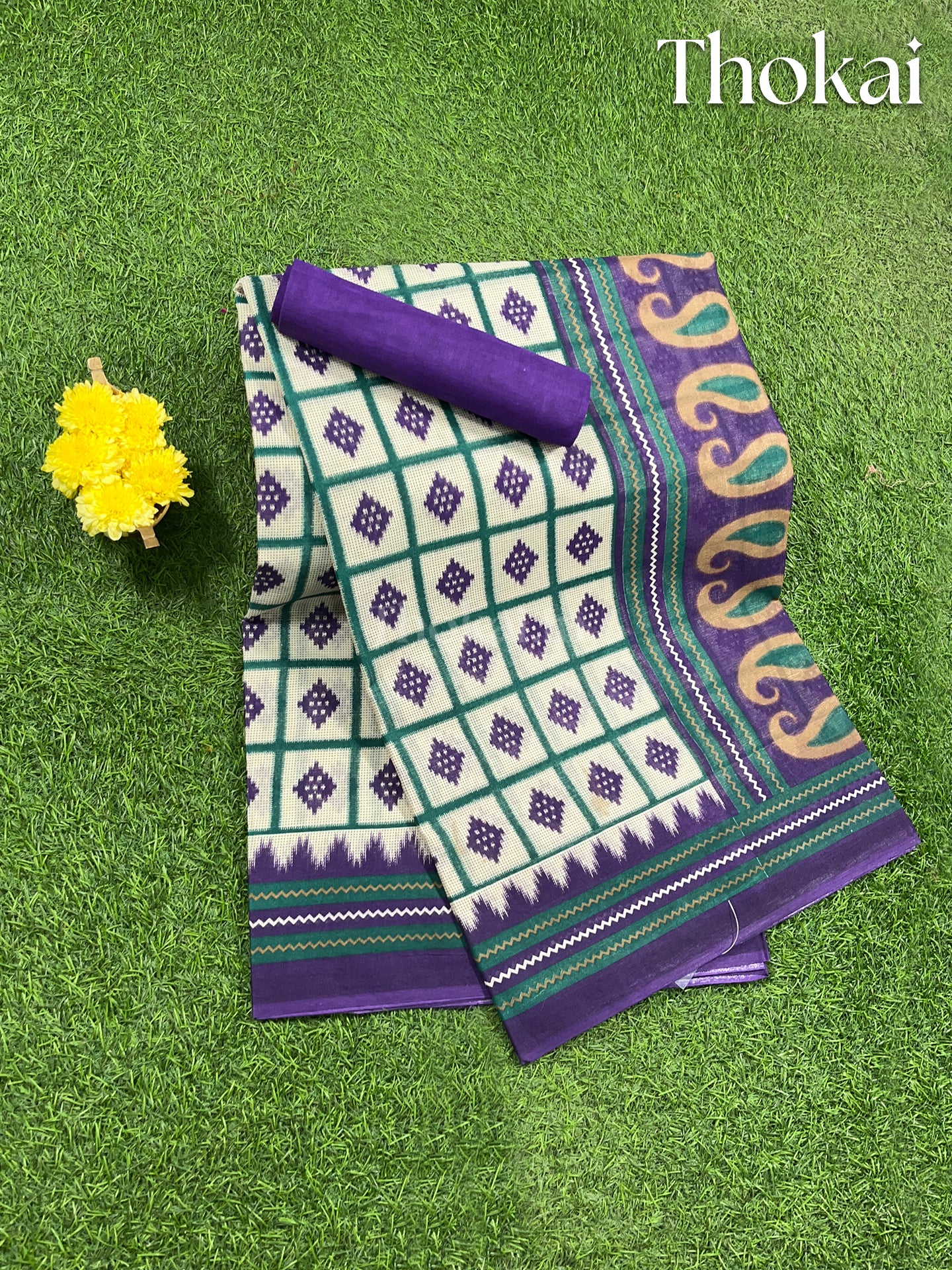 Milky white and violet printed cotton saree