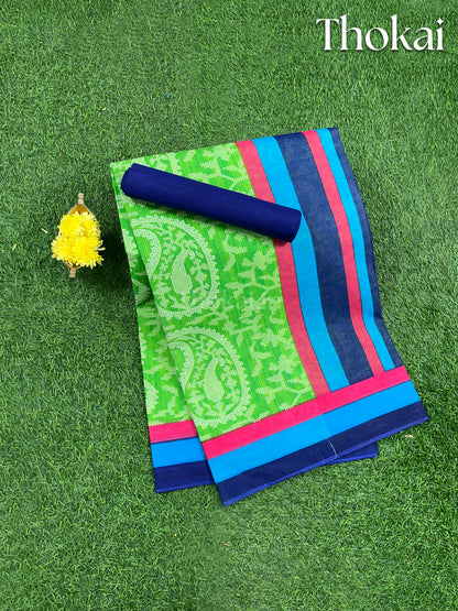 Green and blue printed cotton saree