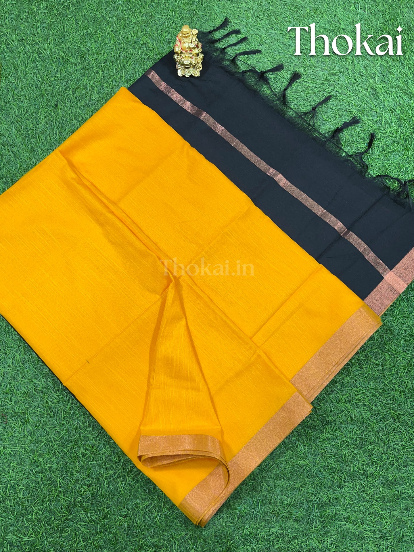 Yellow and black magizham semi linen silk saree