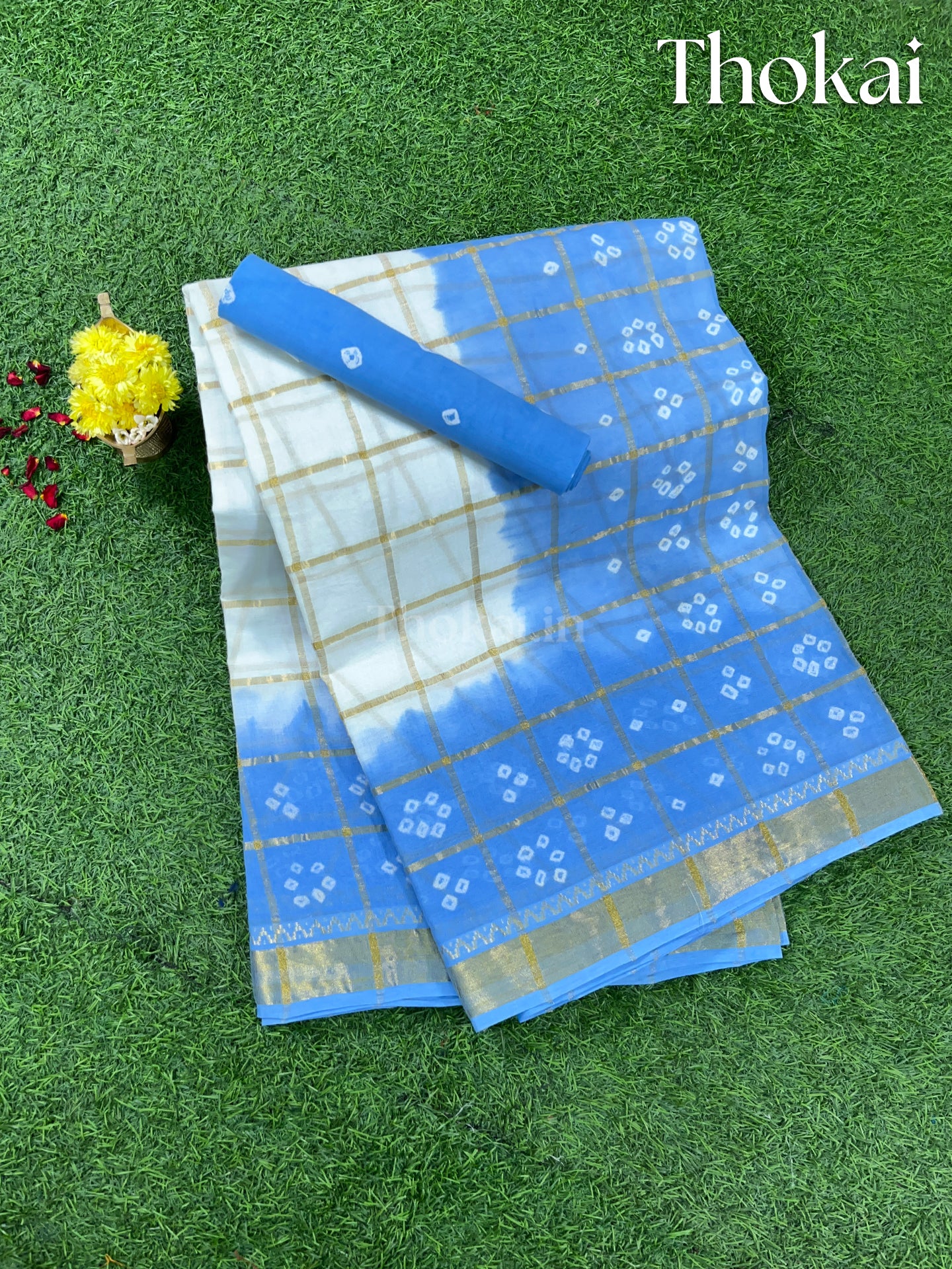White and Blue cotton saree with handmade bandhini