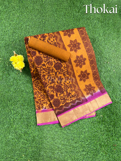 Mustard yellow and pink printed cotton saree