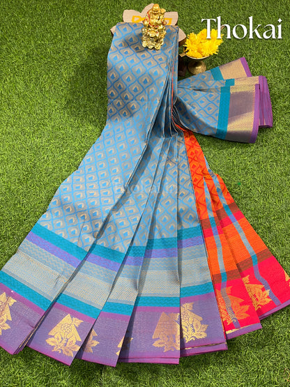 Blue and orange semi silk saree